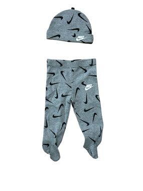 Nike Grey Baby Footed Leggings & Beanie Set with Black Swoosh Print
